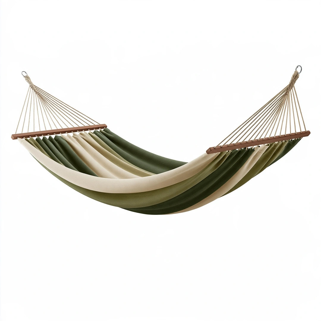 Hamac 320 x 140 cm en tissu vert et beige avec barres en bois pour jardin
