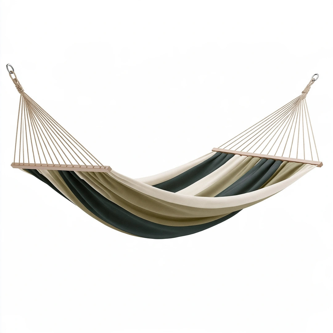 Hamac 300 x 100 cm en tissu rayé vert beige avec barres en bois pour jardin