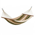 Hamac 300 x 100 cm en toile beige vert olive et marron avec barres en bois pour jardin