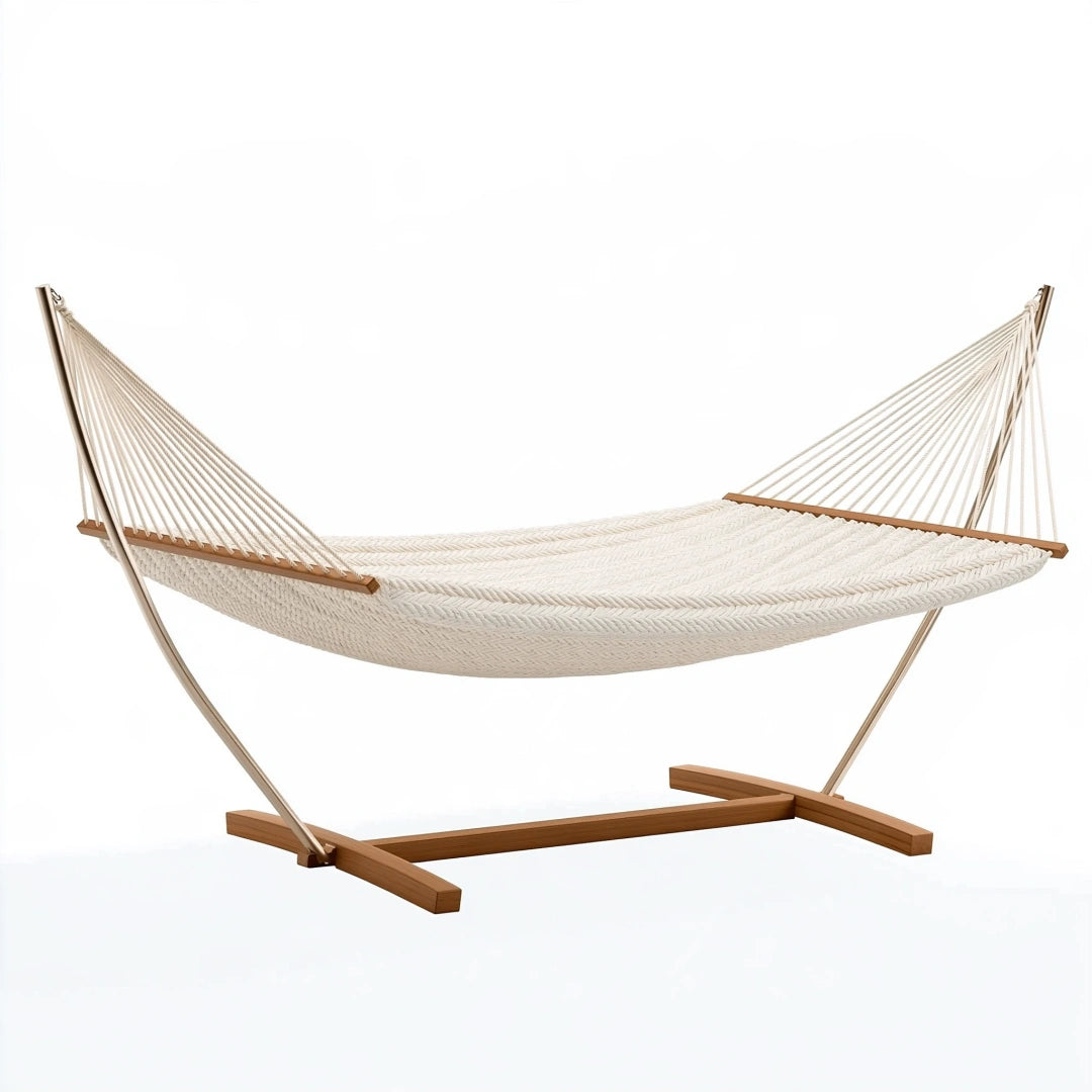 Hamac sur pied 300 x 110 x 110 cm en corde de coton blanc et bois pour extérieur