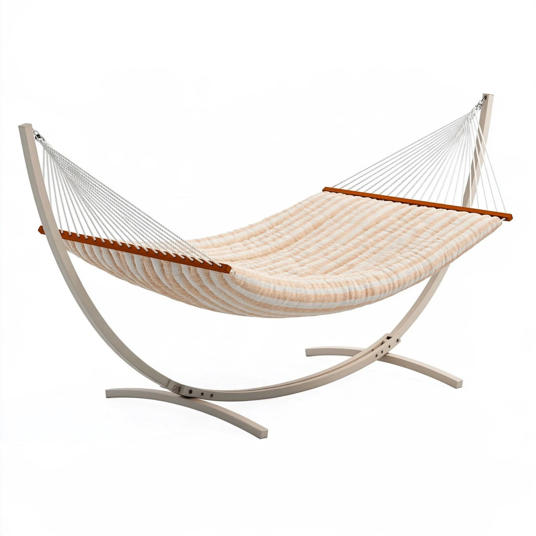 Hamac sur pied 300 x 120 x 110 cm en tissu beige avec structure métallique pour extérieur