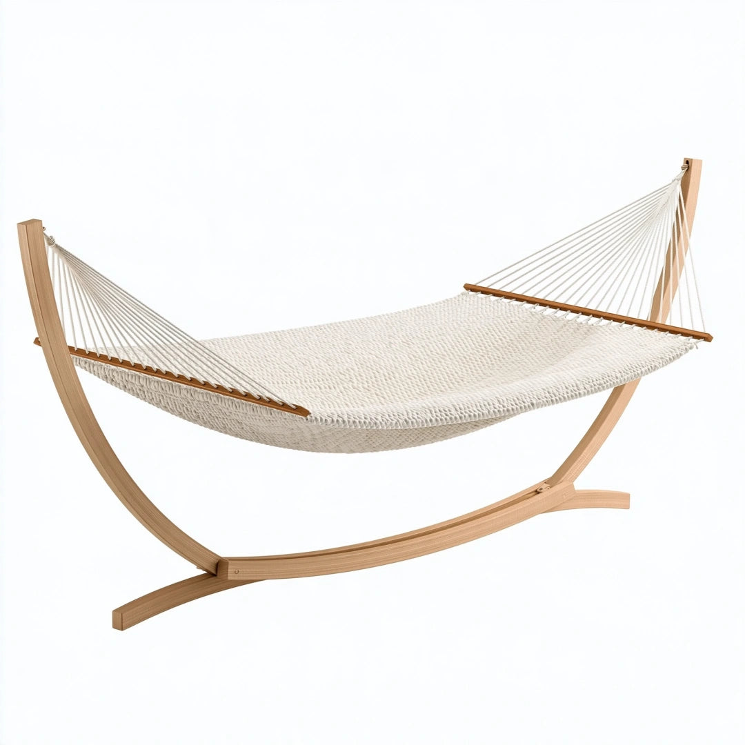 Hamac 140 cm x 300 cm en coton écru avec support en bois style naturel