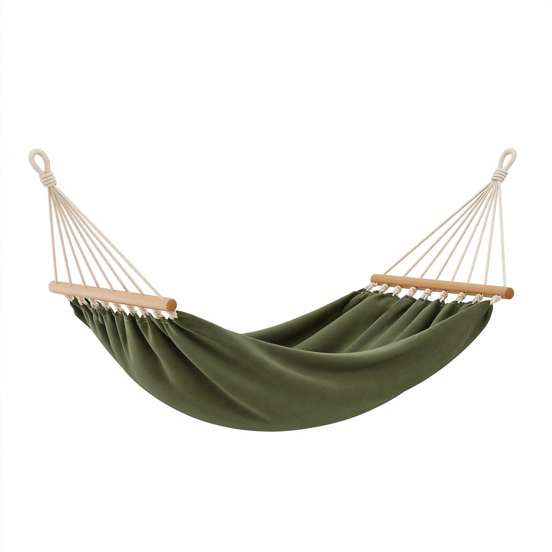 Hamac 300 x 100 cm en toile vert olive avec barres en bois pour détente extérieure
