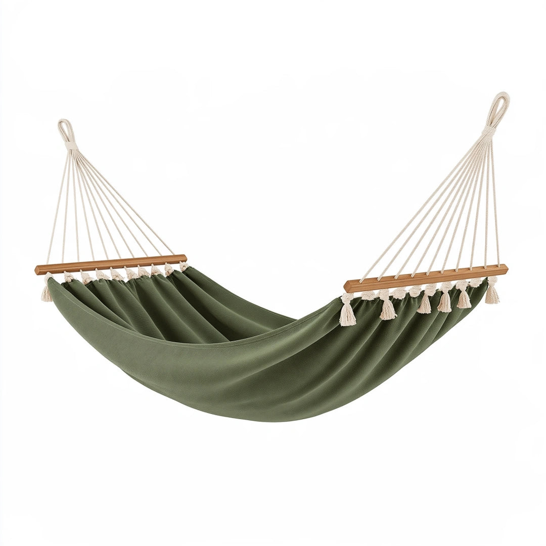 Hamac 300 x 100 cm en coton vert avec barres en bois style bohème