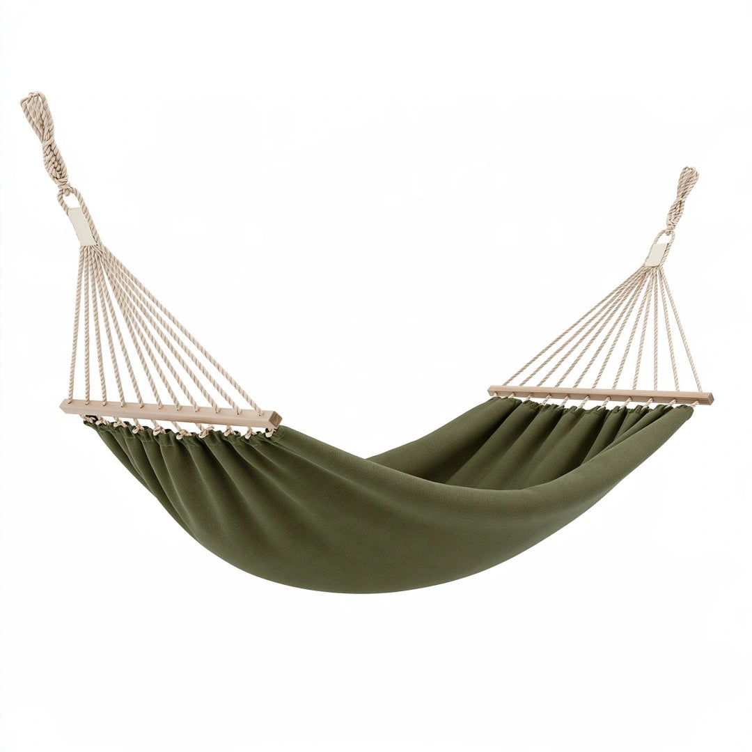 Hamac 300 x 100 cm en coton vert avec barres en bois pour jardin suspendu