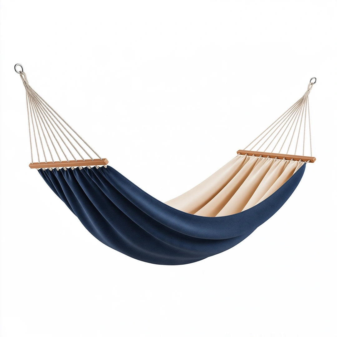 Hamac 300 x 140 cm en toile bleu marine et beige avec barres en bois pour jardin