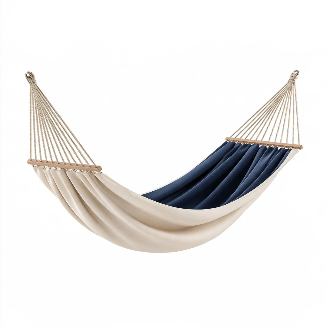 Hamac 300 x 140 cm en tissu bleu marine et beige avec barres en bois pour jardin suspendu