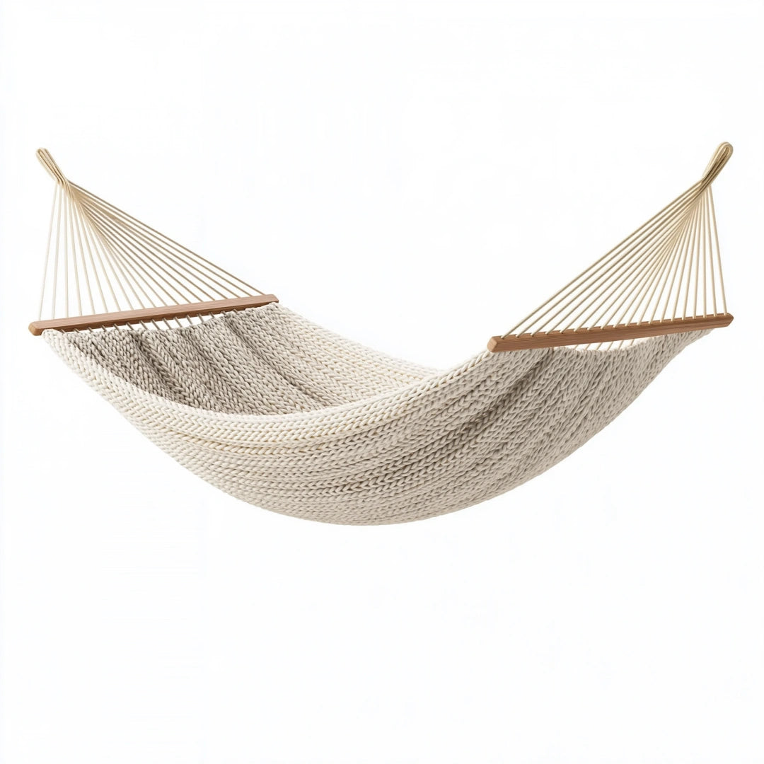 Hamac 300 x 120 cm en coton écru avec barres en bois style bohème