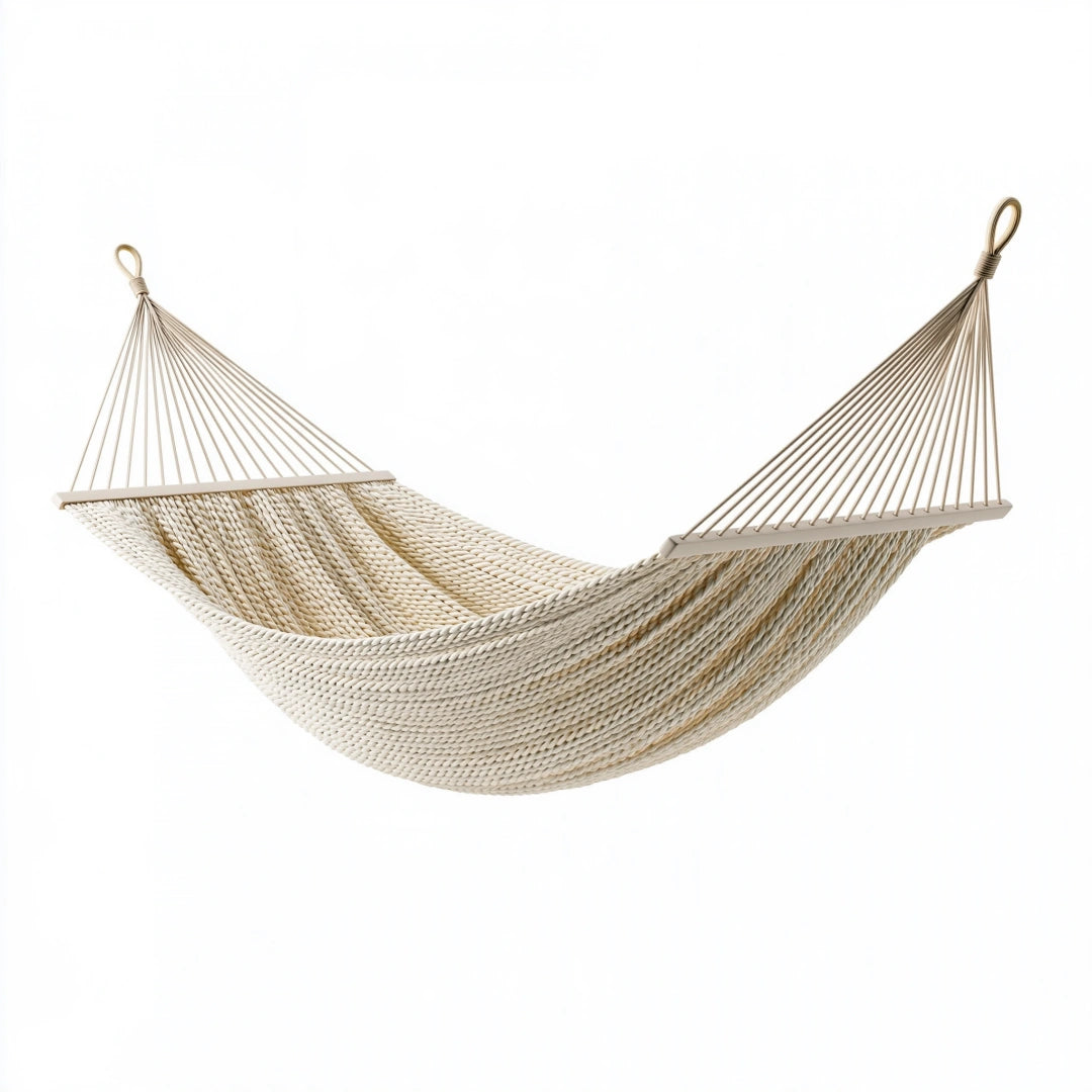 Hamac 300 x 100 cm en corde beige avec barres en bois pour extérieur