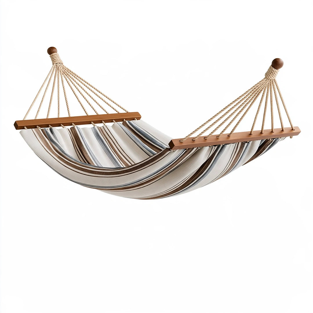 Hamac 300 cm en tissu rayé beige et marron avec barres en bois pour jardin