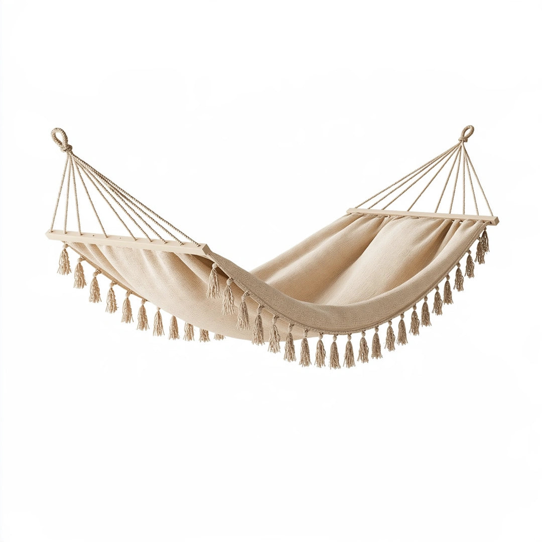 Hamac 200 x 80 cm en coton beige avec barres en bois style bohème