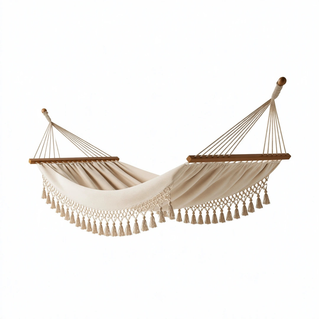 Hamac 300 x 100 cm en toile textile beige avec barres en bois style bohème
