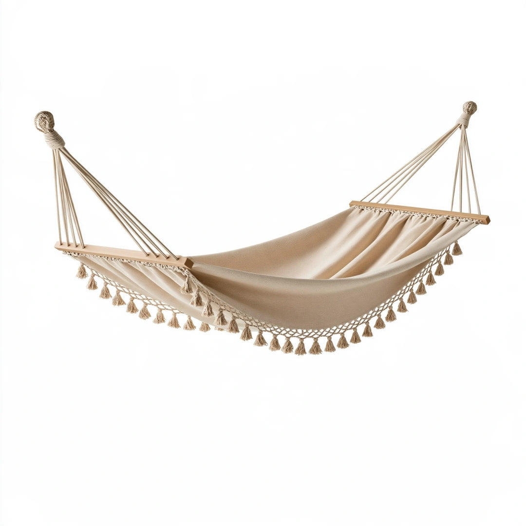 Hamac 300 x 100 cm en coton beige avec barres en bois pour jardin style bohème