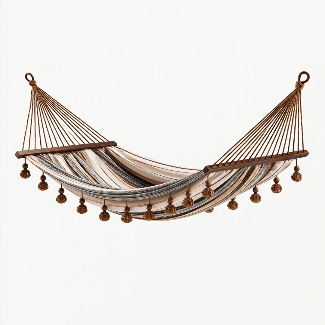 Hamac 200 x 100 cm en coton beige marron et gris avec barres en bois style bohème