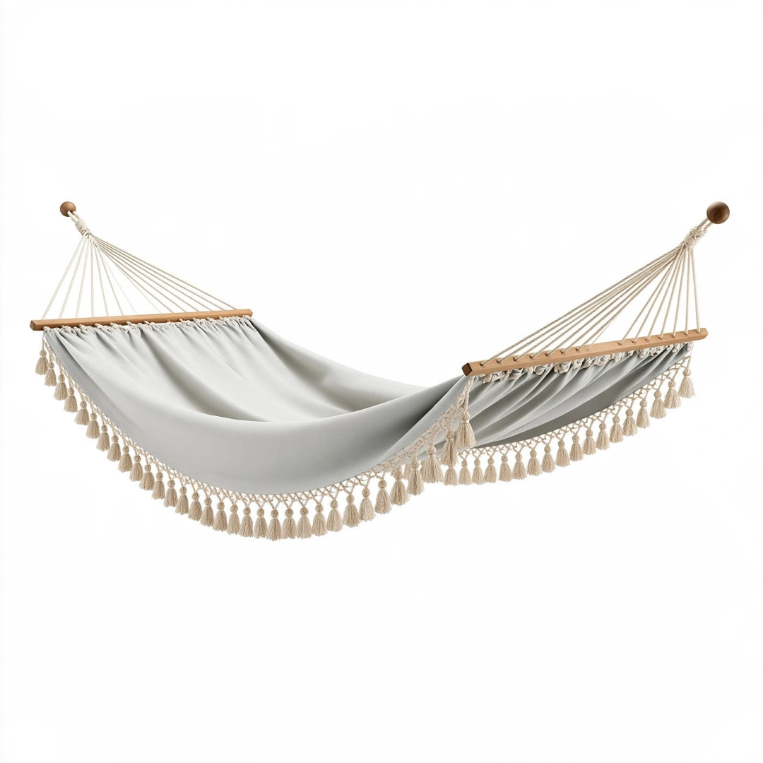 Hamac 300 x 100 cm en tissu gris pour jardin à franges bohèmes
