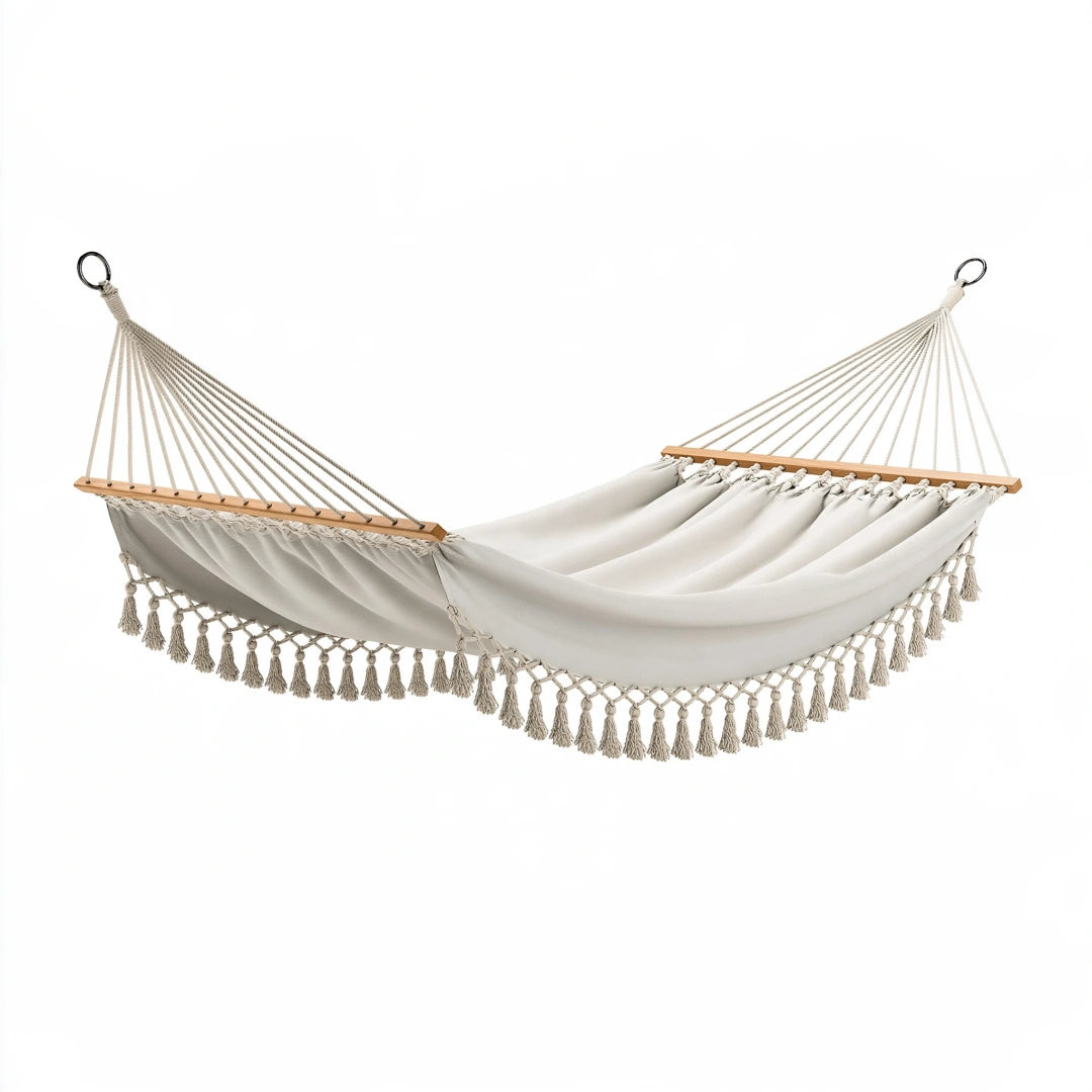 Hamac 300 cm x 80 cm en coton beige avec barres en bois style bohème pour jardin