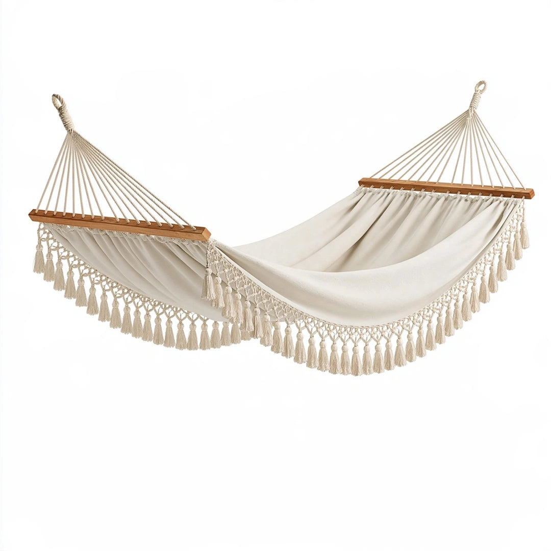 Hamac 320 x 100 cm en coton écru avec barres en bois style bohème