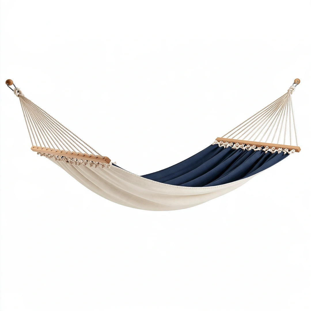 Hamac 335 x 140 cm en textile bleu marine et écru avec barres en bois - jardin suspendu