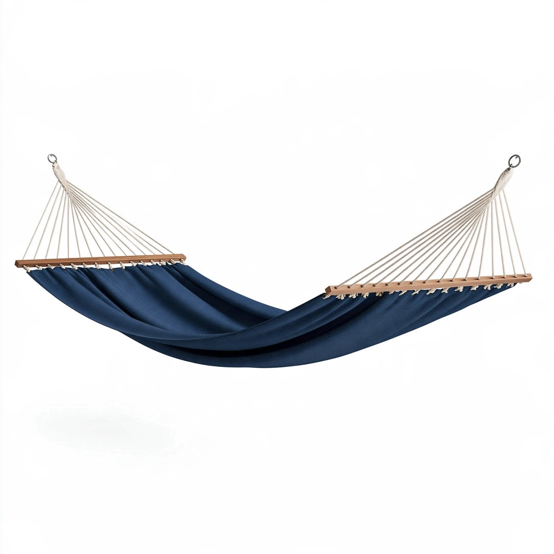 Hamac 300 x 140 cm en tissu bleu avec barres en bois - suspendu extérieur