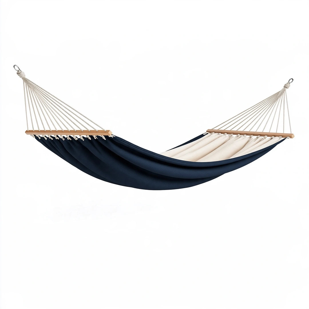 Hamac 200 x 120 cm en textile bleu marine et écru avec barres en bois pour extérieur