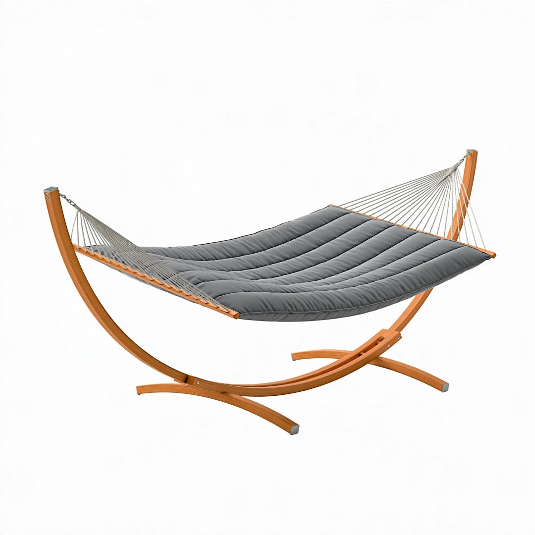 Hamac sur pied 320 cm en bois gris pour extérieur avec toile matelassée