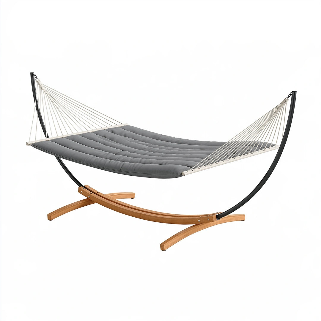 Hamac sur pied 300 x 120 cm en bois métal et tissu gris - Relaxation extérieure contemporaine