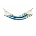 Hamac 300 x 140 cm en toile rayée bleu vert avec barres en bois pour jardin