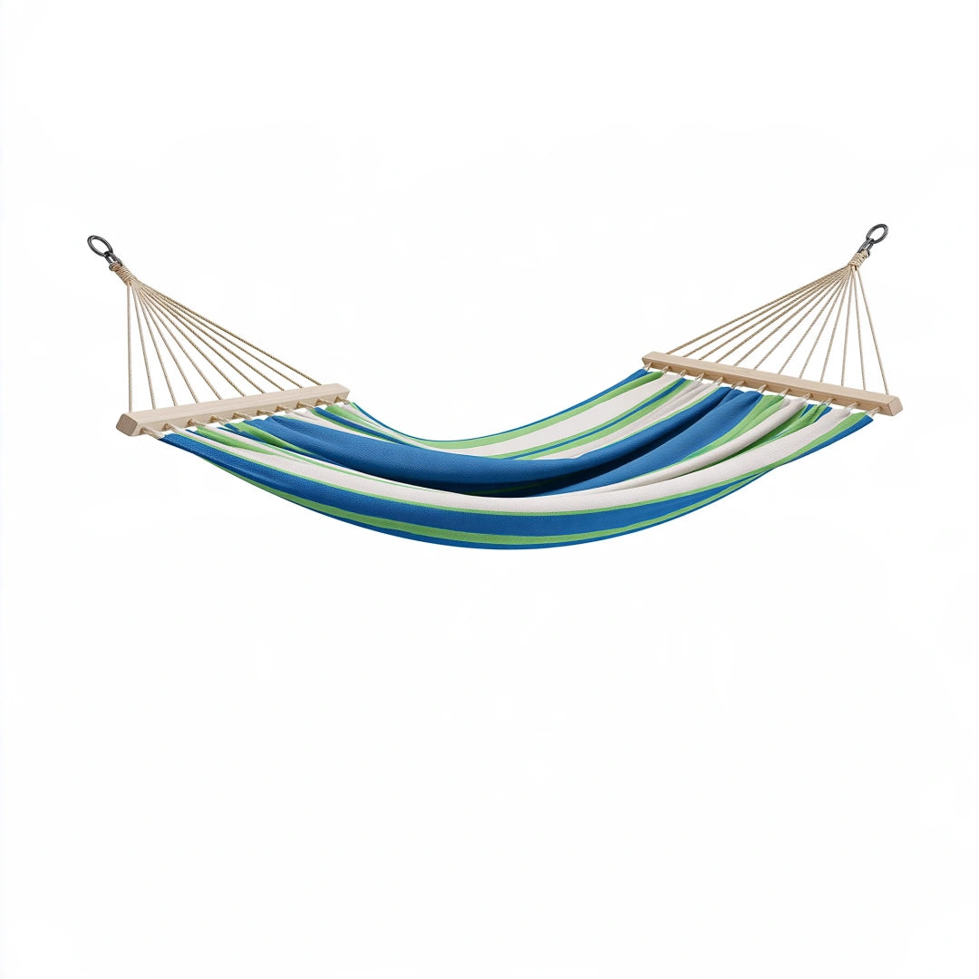 Hamac 300 x 140 cm en toile rayée bleu vert avec barres en bois pour jardin