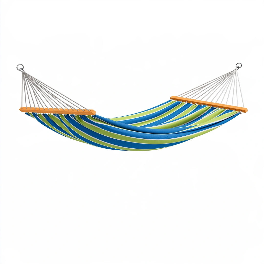 Hamac 300 x 80 cm en tissu bleu vert blanc avec barres en bois - Suspendu pour jardin