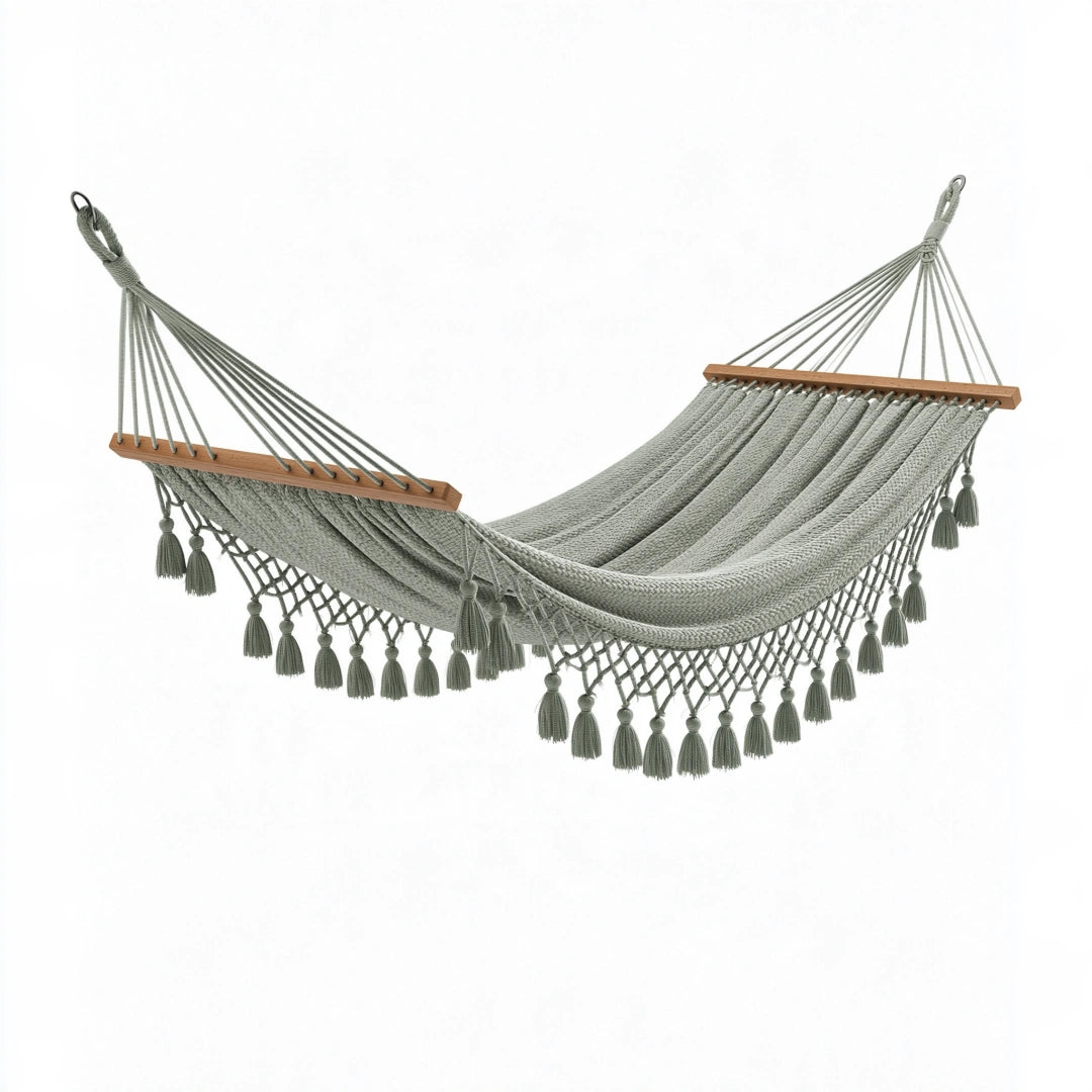 Hamac 300 x 120 cm en coton vert sauge avec barres en bois style bohème