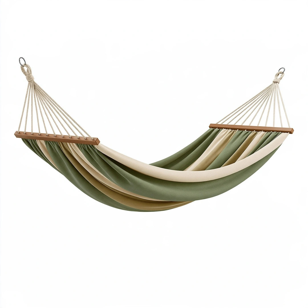 Hamac de jardin 200 x 120 cm en tissu vert et beige avec barres en bois - suspendu rayé
