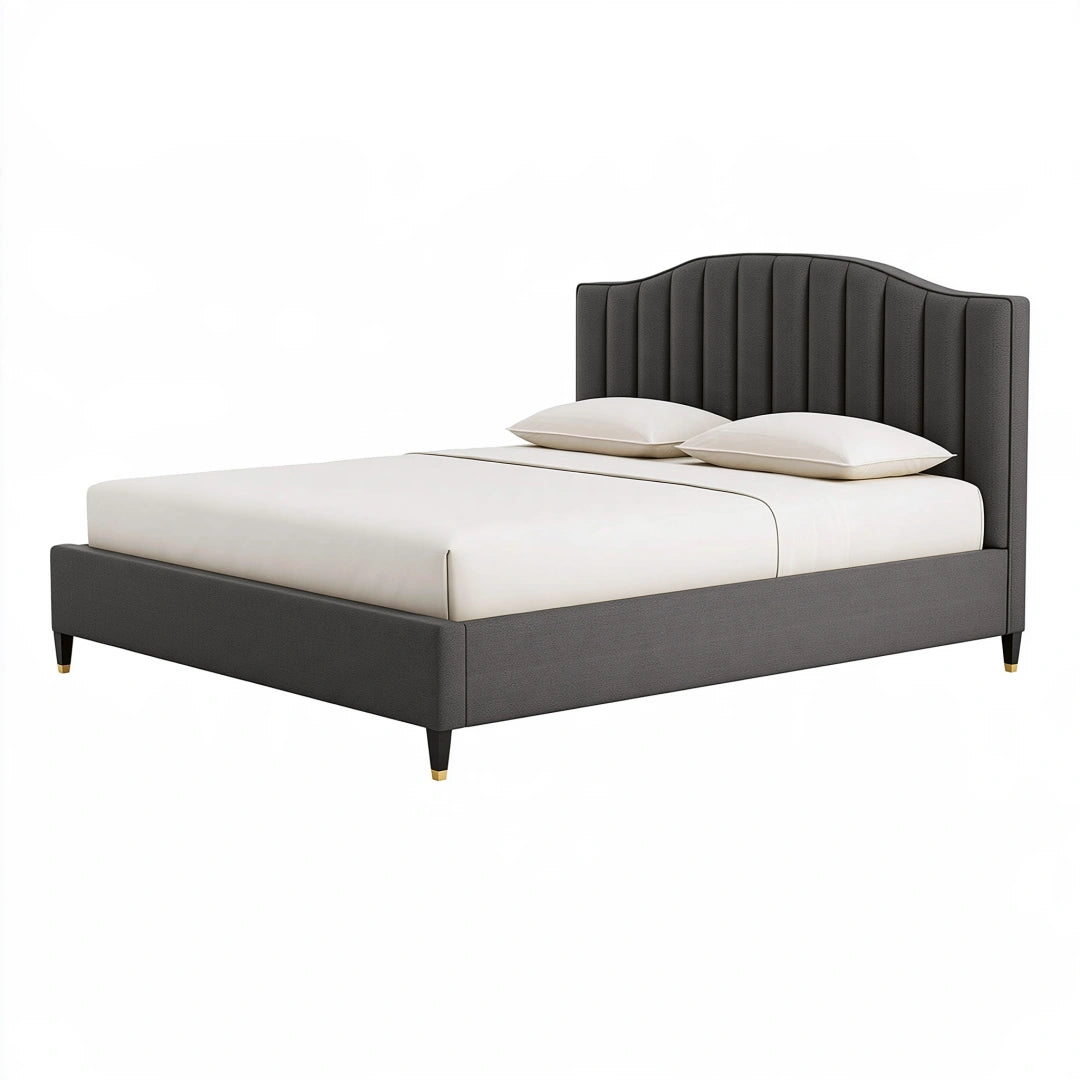 Lit double 160 x 200 cm en tissu gris anthracite avec tête de lit capitonnée style contemporain
