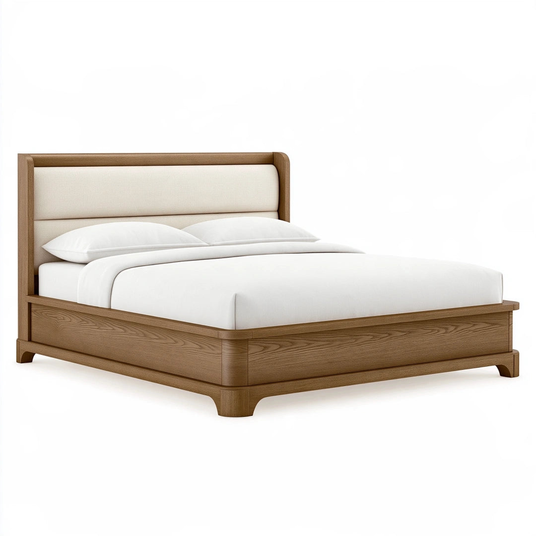 Lit double 160 x 200 cm en bois chêne clair et tissu beige - tête de lit rembourrée style contemporain