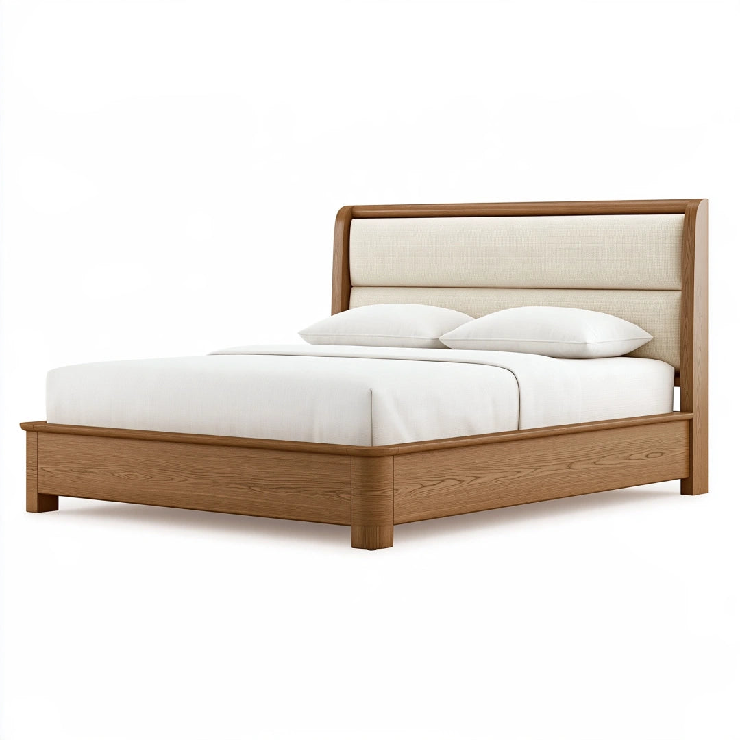 Lit double 160 x 200 cm en bois marron avec tête de lit rembourrée style contemporain