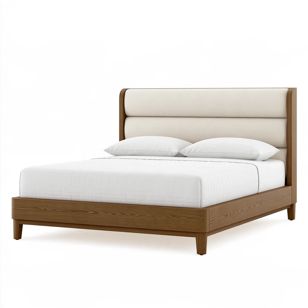 Lit 160 x 200 cm en bois noyer avec tête de lit rembourrée beige style contemporain