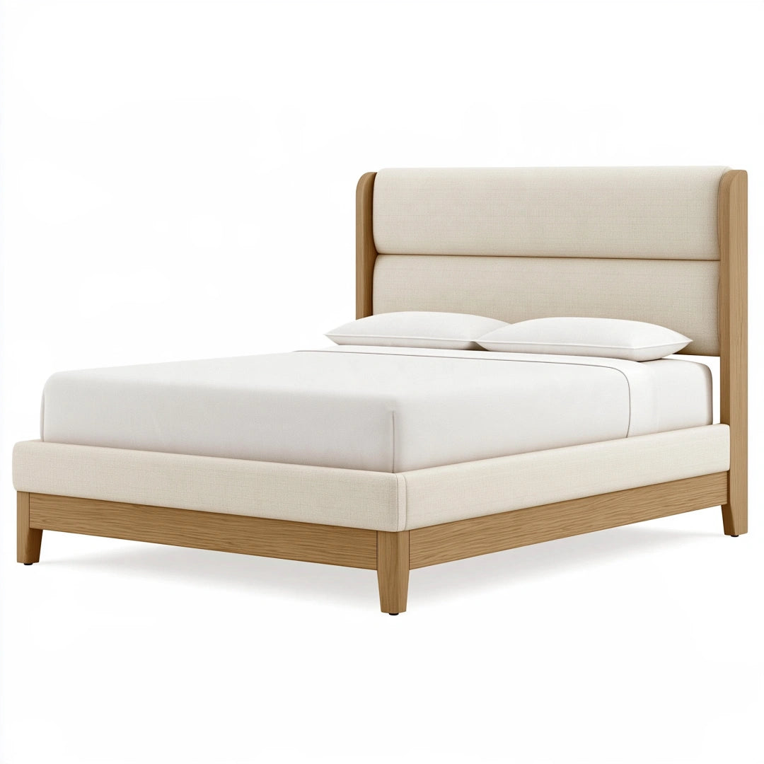Lit 160 x 200 cm en bois et tissu beige style contemporain avec tête de lit rembourrée