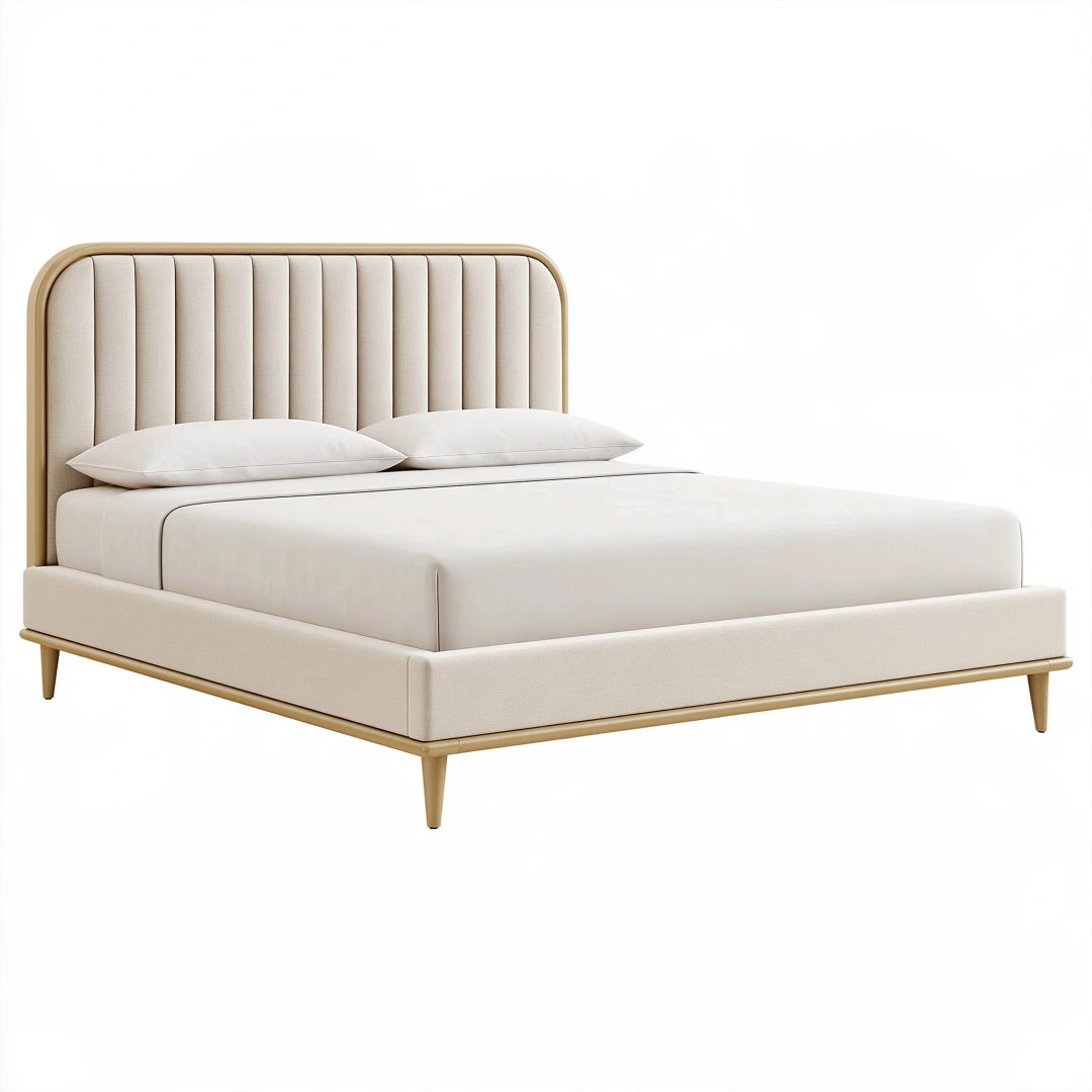 Lit 160 x 200 cm en tissu beige avec tête de lit capitonnée style contemporain