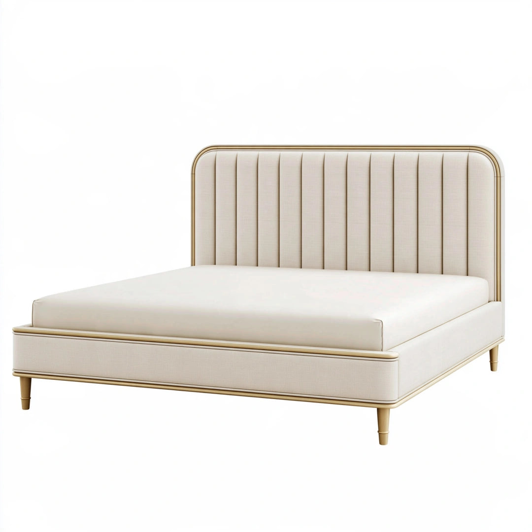 Lit 160 x 200 cm en tissu beige et métal doré - style contemporain capitonné