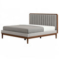 Lit double 160 x 200 cm en bois brun et tissu gris - style contemporain avec tête de lit capitonnée