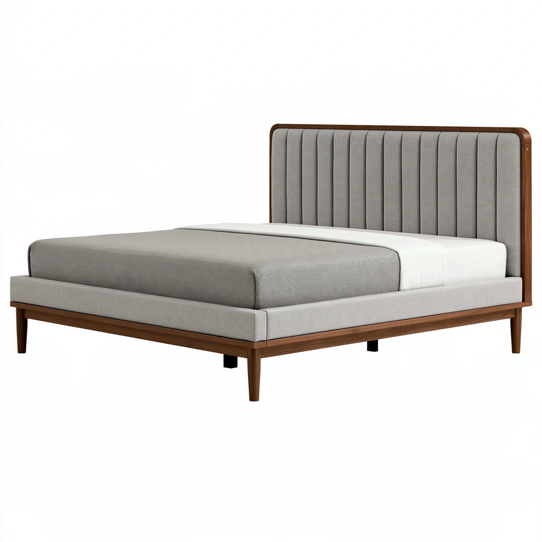 Lit double 160 x 200 cm en bois brun et tissu gris - style contemporain avec tête de lit capitonnée